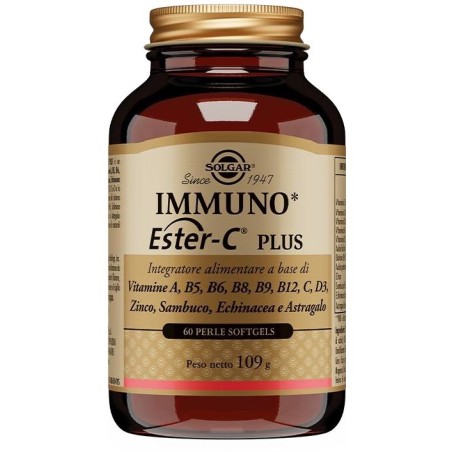Barattolo da 60 perle di Solgar Immuno Ester-C Plus, integratore per supportare le difese immunitarie. Barattolo da 60 perle di Solgar Immuno Ester-C Plus, integratore per supportare le difese immunitarie.