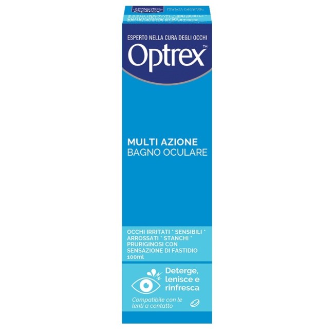 Flacone da 100 ml di Optrex Multi Azione Bagno Oculare Lenivo Per Occhi Sensibili e Irritati. Flacone da 100 ml di Optrex Multi Azione Bagno Oculare Lenivo Per Occhi Sensibili e Irritati.