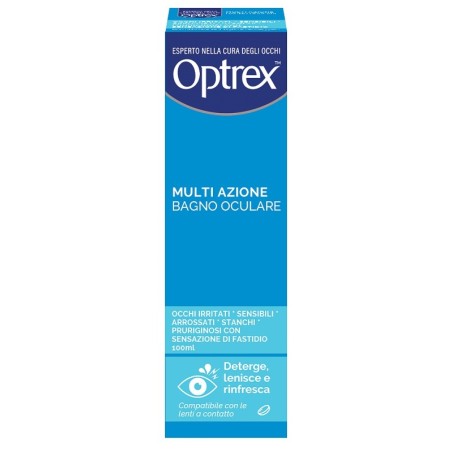 Flacone da 100 ml di Optrex Multi Azione Bagno Oculare Lenivo Per Occhi Sensibili e Irritati. Flacone da 100 ml di Optrex Multi Azione Bagno Oculare Lenivo Per Occhi Sensibili e Irritati.