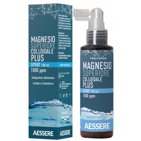 Flacone spray da 100 ml di Magnesio Superiore Colloidale Plus, integratore per stanchezza e crampi muscolari. Flacone spray da 100 ml di Magnesio Superiore Colloidale Plus, integratore per stanchezza e crampi muscolari.