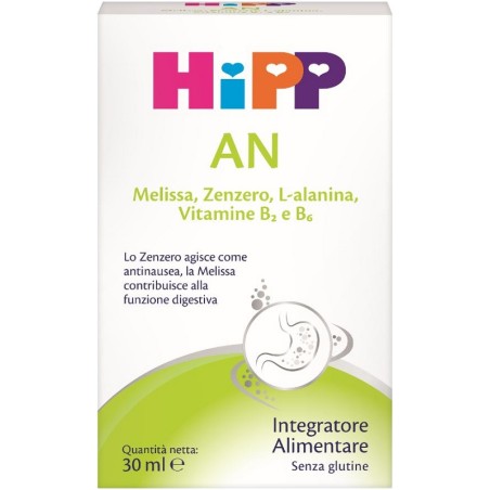 Flacone da 30 ml di Hipp AN, integratore per favorire la digestione e l'eliminazione dei gas. Flacone da 30 ml di Hipp AN, integratore per favorire la digestione e l'eliminazione dei gas.