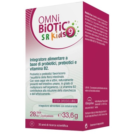 Confezione da 28 stick di Omni Biotic Sr 9 Kids, integratore per la salute intestinale dei bambini. Confezione da 28 stick di Omni Biotic Sr 9 Kids, integratore per la salute intestinale dei bambini.