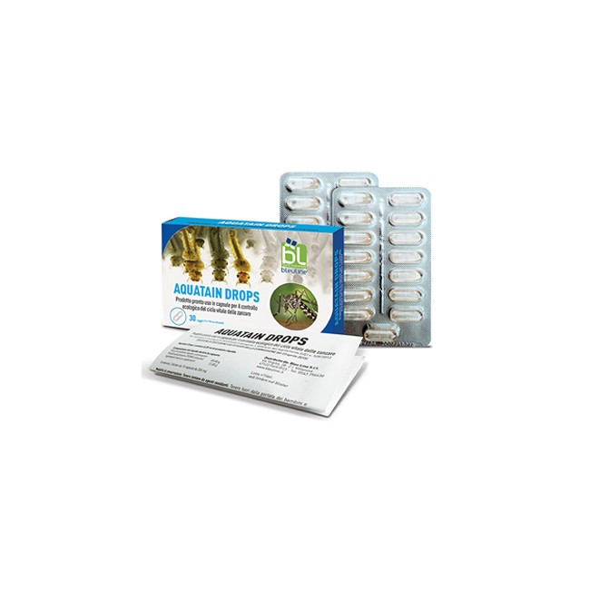 Confezione da 30 capsule di Aquatain Drops, rimedio per ostacolare la proliferazione delle zanzare. Confezione da 30 capsule di Aquatain Drops, rimedio per ostacolare la proliferazione delle zanzare.