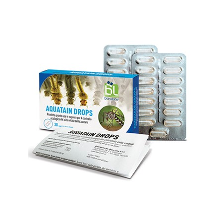 Confezione da 30 capsule di Aquatain Drops, rimedio per ostacolare la proliferazione delle zanzare. Confezione da 30 capsule di Aquatain Drops, rimedio per ostacolare la proliferazione delle zanzare.