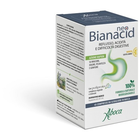 Confezione da 45 compresse di NeoBianacid Gusto Limone, rimedio per acidità e reflusso gastroesofageo. Confezione da 45 compresse di NeoBianacid Gusto Limone, rimedio per acidità e reflusso gastroesofageo.