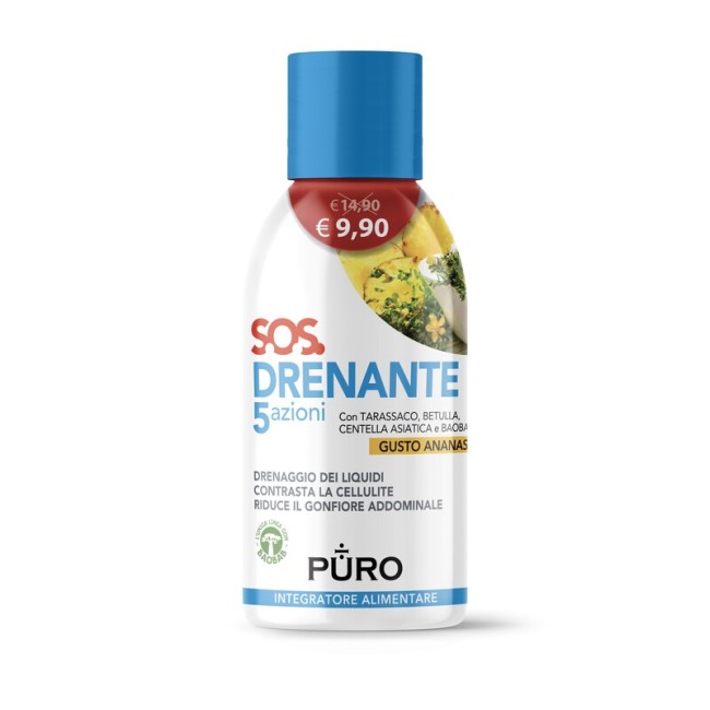 Bottiglia da 500 ml di Puro Drenante 5 Azioni Con Baobab, integratore per contrastare la cellulite. Bottiglia da 500 ml di Puro Drenante 5 Azioni Con Baobab, integratore per contrastare la cellulite.