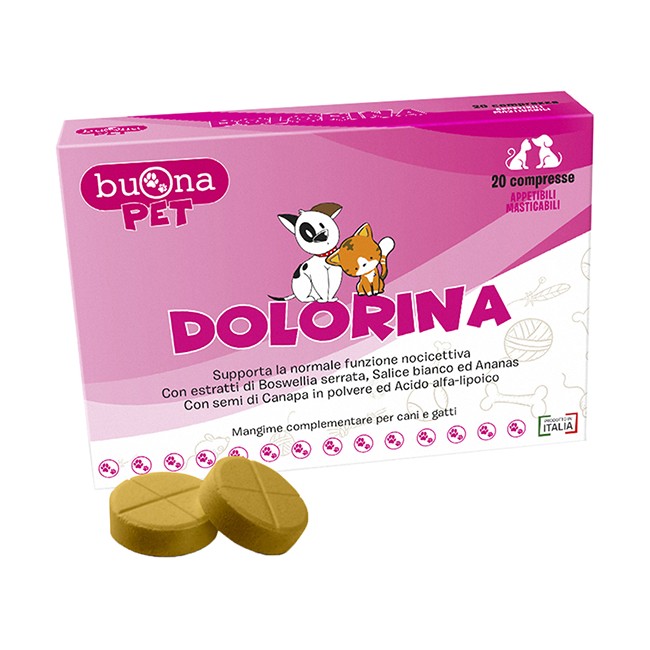 Confezione da 20 compresse di Buona Pet Dolorina Trattamento Veterinario Per funzione nocicettiva Di Cani E Gatti.