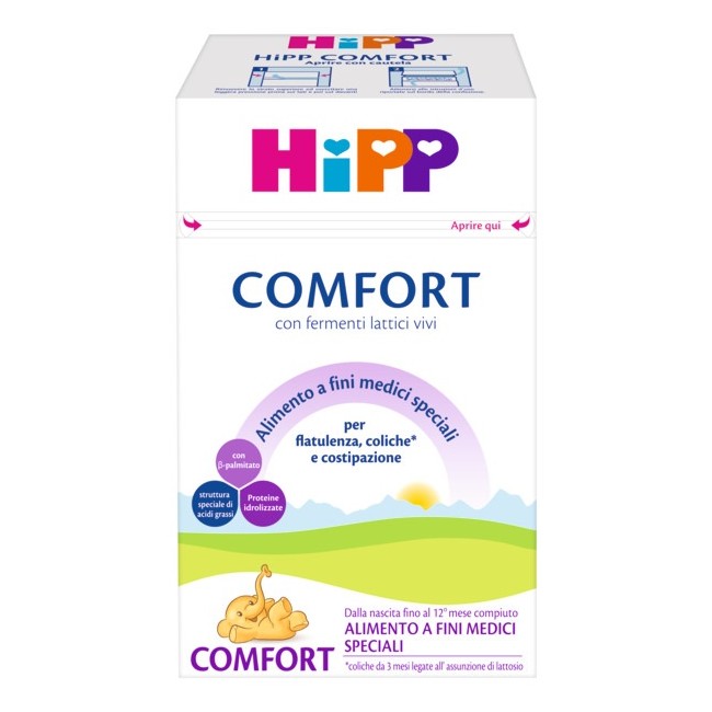 Confezione da 600 g di Hipp Latte comfort, alimento utile in caso di flatulenza e coliche infantili. Confezione da 600 g di Hipp Latte comfort, alimento utile in caso di flatulenza e coliche infantili.