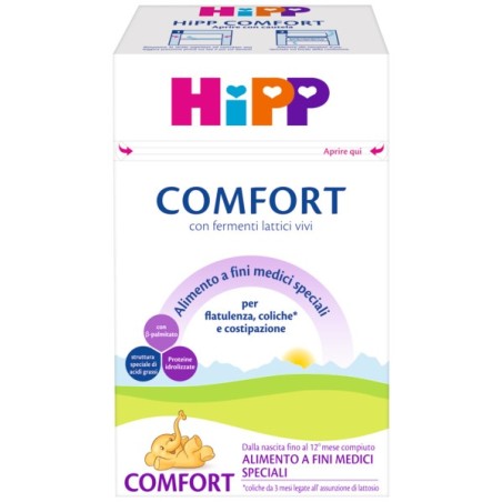 Confezione da 600 g di Hipp Latte comfort, alimento utile in caso di flatulenza e coliche infantili.