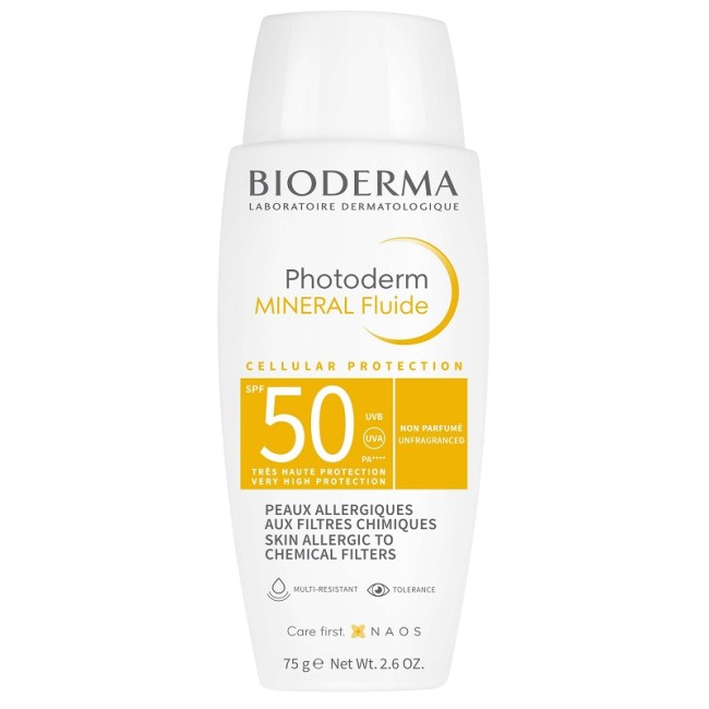 Flacone da 75 ml di Bioderma Photoderm Mineral Fluide Protezione Solare SPF 50+.