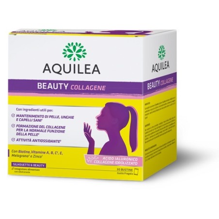 Confezione da 30 bustine di Aquilea Beauty, integratore di collagene per la salute di pelle, capelli e unghie. Confezione da 30 bustine di Aquilea Beauty, integratore di collagene per la salute di pelle, capelli e unghie.