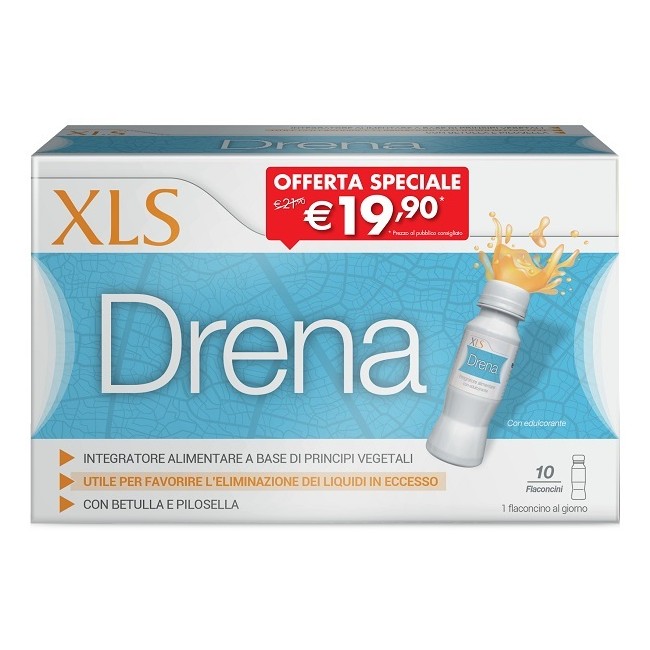 Confezione da 10 flaconcini di XLS Drena, integratore per l'eliminazione di liquidi e tossine. Confezione da 10 flaconcini di XLS Drena, integratore per l'eliminazione di liquidi e tossine.