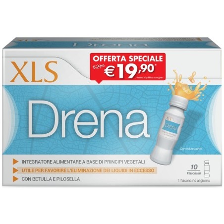 Confezione da 10 flaconcini di XLS Drena, integratore per l'eliminazione di liquidi e tossine. Confezione da 10 flaconcini di XLS Drena, integratore per l'eliminazione di liquidi e tossine.