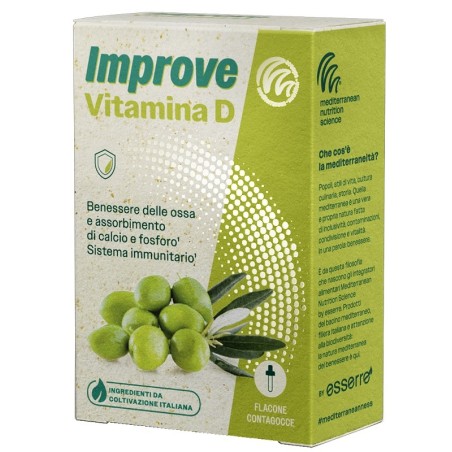 Flacone da 21 ml di Improve Vitamina D, integratore per ossa e funzione muscolare. Flacone da 21 ml di Improve Vitamina D, integratore per ossa e funzione muscolare.