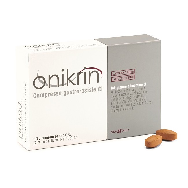 Confezione da 90 compresse di Onikrin, integratore per il benessere di capelli e unghie. Confezione da 90 compresse di Onikrin, integratore per il benessere di capelli e unghie.
