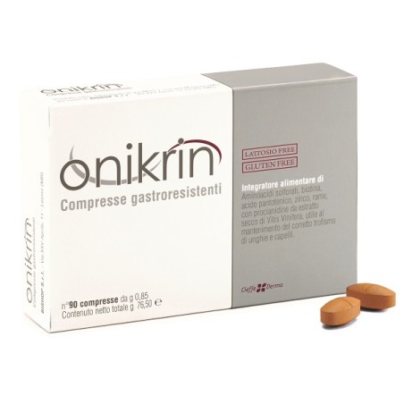 Confezione da 90 compresse di Onikrin, integratore per il benessere di capelli e unghie. Confezione da 90 compresse di Onikrin, integratore per il benessere di capelli e unghie.