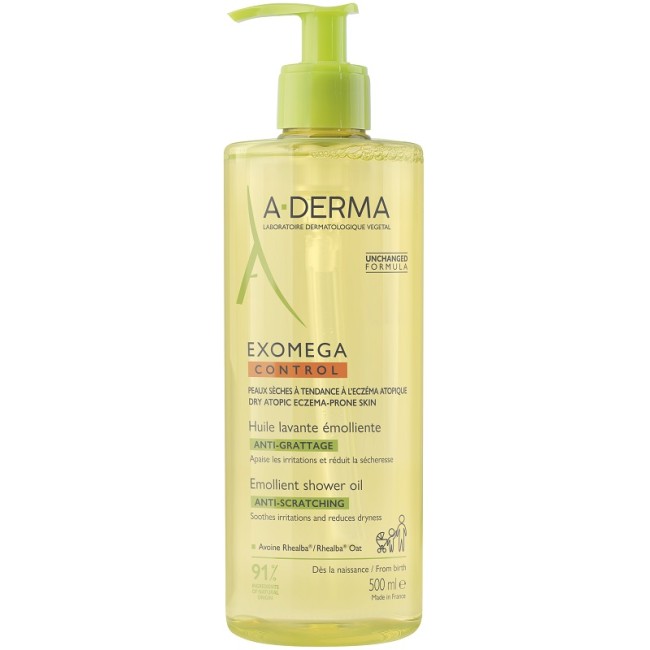 Flacone da 500 ml di A-Derma Exomega Control Olio Lavante Emolliente Per Pelle Secca.
