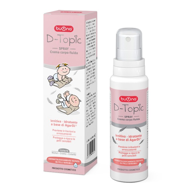 Flacone spray da 100 ml di D-Topic Spray, rimedio per alleviare le irritazioni cutanee nei bambini. Flacone spray da 100 ml di D-Topic Spray, rimedio per alleviare le irritazioni cutanee nei bambini.