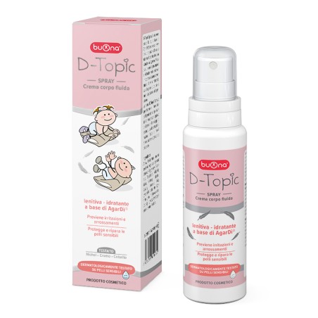 Flacone spray da 100 ml di D-Topic Spray, rimedio per alleviare le irritazioni cutanee nei bambini. Flacone spray da 100 ml di D-Topic Spray, rimedio per alleviare le irritazioni cutanee nei bambini.