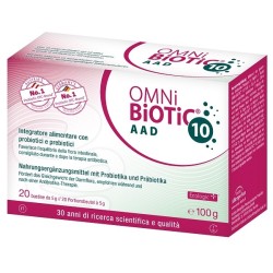 Confezione da 20 bustine di Omni Biotic 10 Aad KIds, integratore per l'equilibrio intestinale dei bambini.