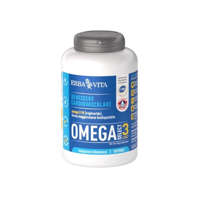 Confezione da 120 perle di Erba Vita Omega Select 3 Uhc Integratore Di Olio Di Pesce Con EPA e DHA.