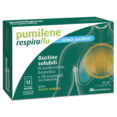 Pumilene Respiroflu Senza Zucchero 12 Bustine Gusto Menta Arancia 36 G Pumilene Respiroflu Senza Zucchero 12 Bustine Gusto Menta Arancia 36 G