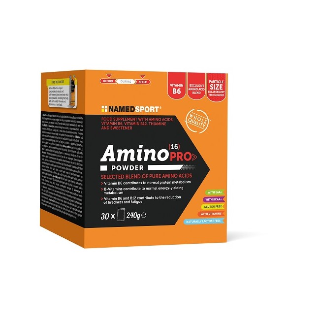 Confezione da 30 bustine di Named Sport Amino 16 Pro Power, integratore per forza e resistenza muscolare.