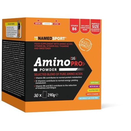 Confezione da 30 bustine di Named Sport Amino 16 Pro Power, integratore per forza e resistenza muscolare.