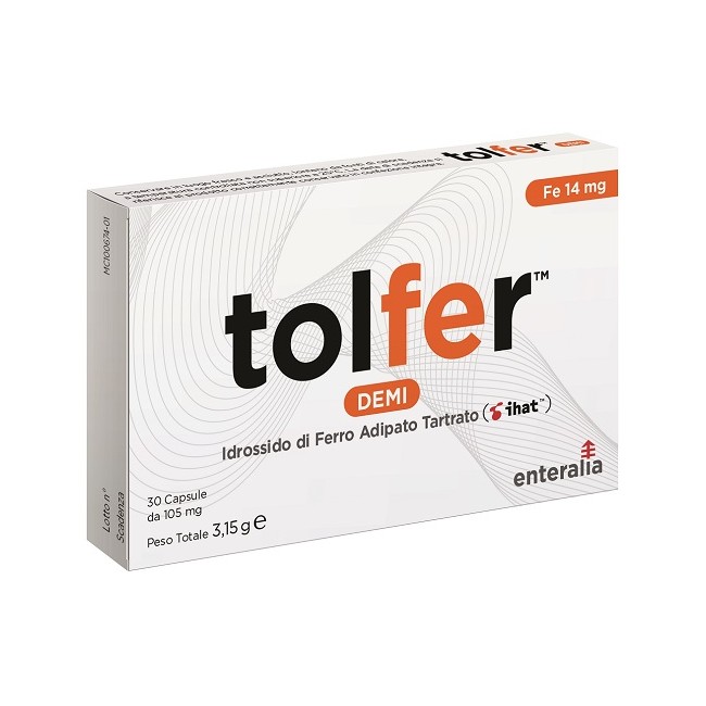 Confezione da 30 capsule di Tolfer Demi Integratore Di Ferro Per Affaticamento Fisico E Mentale. Confezione da 30 capsule di Tolfer Demi Integratore Di Ferro Per Affaticamento Fisico E Mentale.
