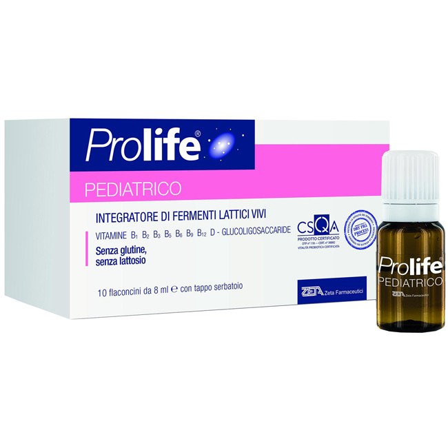 Confezione da 10 flaconcini di Prolife Pediatrico, integratore per la flora intestinale dei bambini. Confezione da 10 flaconcini di Prolife Pediatrico, integratore per la flora intestinale dei bambini.