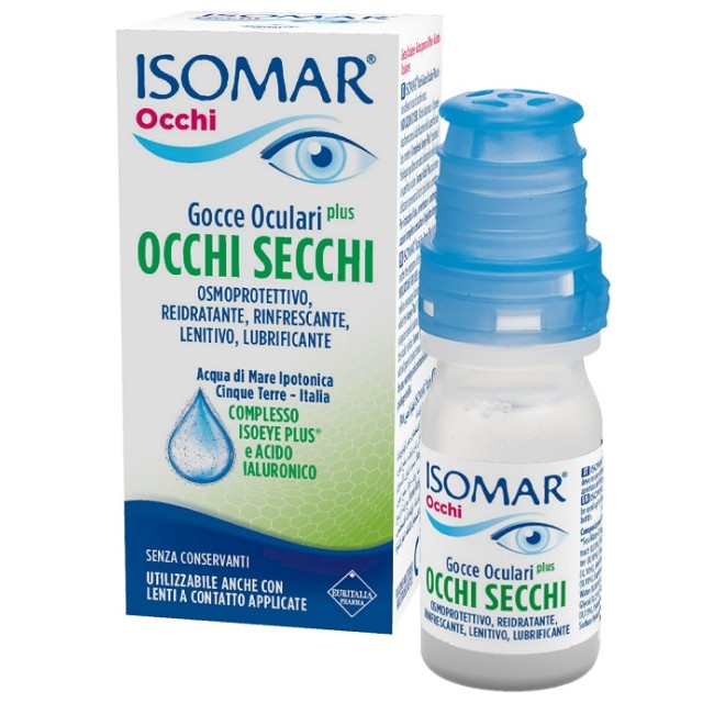 Flacone da 10 ml di Isomar Occhi Secchi Plus, collirio idratante e lenitivo. Flacone da 10 ml di Isomar Occhi Secchi Plus, collirio idratante e lenitivo.