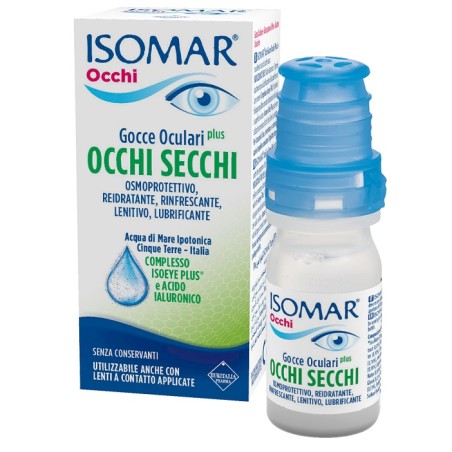 Flacone da 10 ml di Isomar Occhi Secchi Plus, collirio idratante e lenitivo. Flacone da 10 ml di Isomar Occhi Secchi Plus, collirio idratante e lenitivo.
