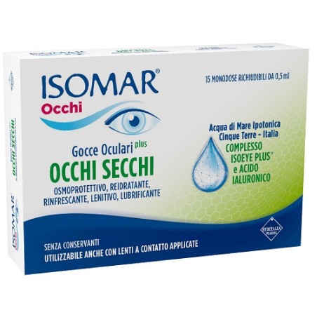 Confezione contenente 25 flaconcini di Isomar Occhi Secchi Plus, collirio rinfrescante e idratante. Confezione contenente 25 flaconcini di Isomar Occhi Secchi Plus, collirio rinfrescante e idratante.