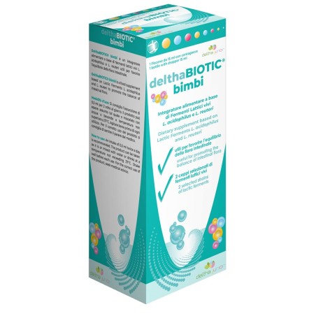 Flacone da 15 ml di Delthabiotic Bimbi, integratore probiotico per l'equilibrio intestinale.