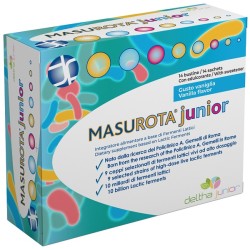 Confezione da 14 bustine di Masurota Junior, integratore per bambini ad azione probiotica.