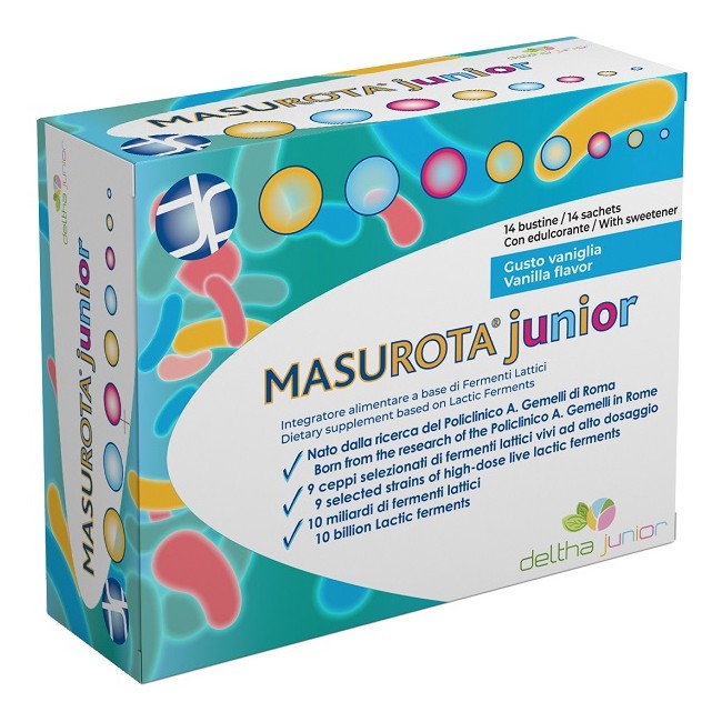 Confezione da 14 bustine di Masurota Junior, integratore per bambini ad azione probiotica.