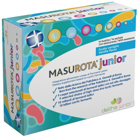 Confezione da 14 bustine di Masurota Junior, integratore per bambini ad azione probiotica.