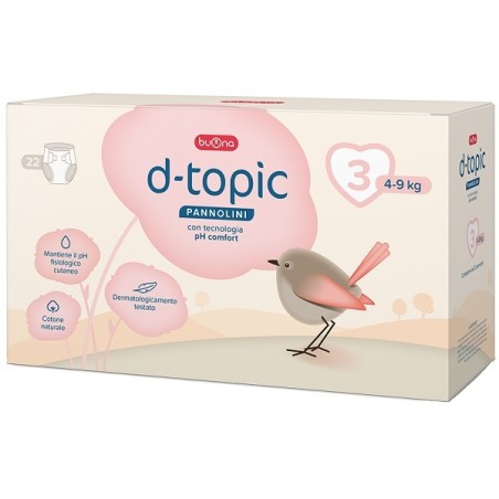 Confezione da 22 pezzi di D-topic pannolini per bambini con tecnologia pH comfort. Confezione da 22 pezzi di D-topic pannolini per bambini con tecnologia pH comfort.