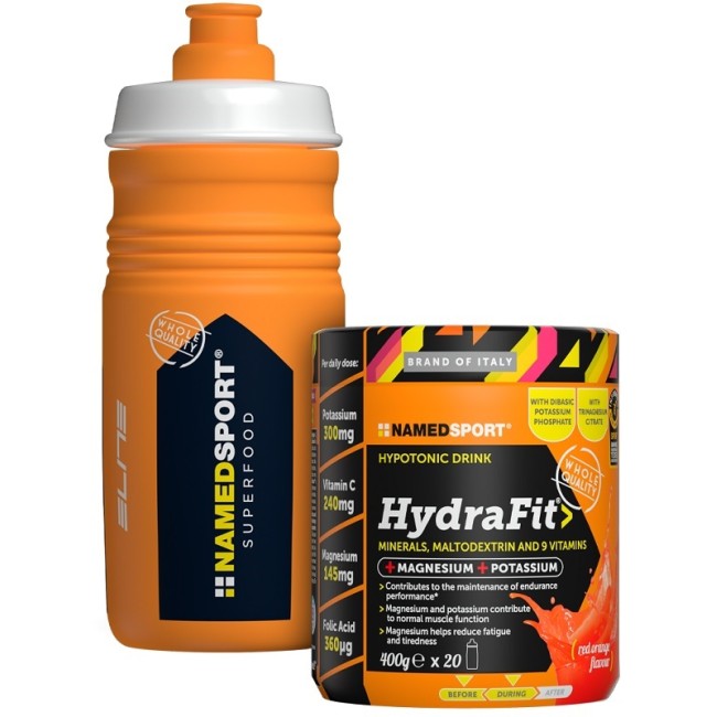 Barattolo da 400 grammi con borraccia di named Sport Hydrafit, integratore idrosalino per attività sportiva. Barattolo da 400 grammi con borraccia di named Sport Hydrafit, integratore idrosalino per attività sportiva.