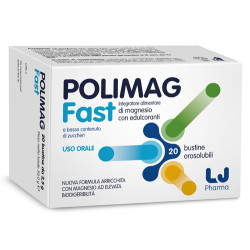 Confezione da 20 bustine di Polimag Fast, integratore per energia fisica e mentale.