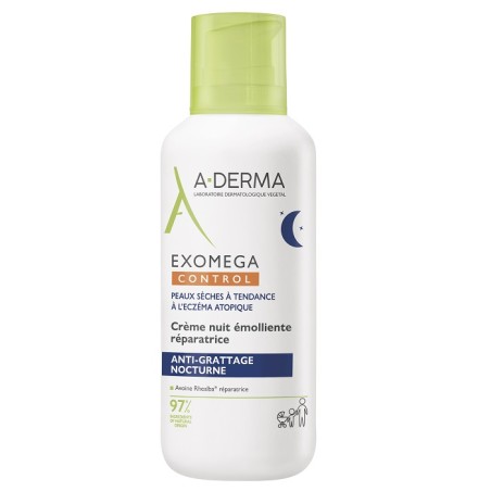 Flacone da 400 ml di A-Derma Exomega Control Crema Notte Anti-Prurito Per Dermatite Atopica. Flacone da 400 ml di A-Derma Exomega Control Crema Notte Anti-Prurito Per Dermatite Atopica.