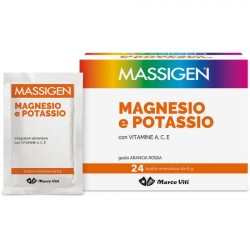 Confezione da 24 bustine di Massigen Magnesio Potassio, integratore per energia e vitalità.