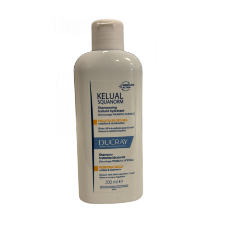 Flacone da 200 ml di Ducray Kelual Squanorm Shampoo Anti-Forfora Secca. Flacone da 200 ml di Ducray Kelual Squanorm Shampoo Anti-Forfora Secca.