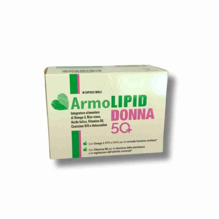 Confezione da 30 capsule molli di Armolipid Donna 50+ integratore per il benessere femminile dopo i 50 anni.