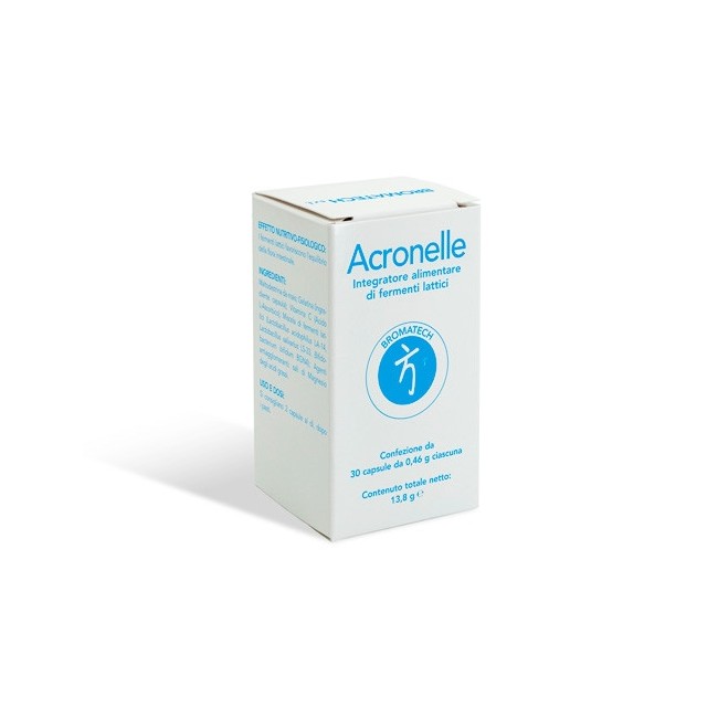 Confezione da 30 capsule di Bromatech Acronelle, integratore con fermenti lattici che favorisce il benessere intestinale. Confezione da 30 capsule di Bromatech Acronelle, integratore con fermenti lattici che favorisce il benessere intestinale.