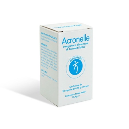 Confezione da 30 capsule di Bromatech Acronelle, integratore con fermenti lattici che favorisce il benessere intestinale.