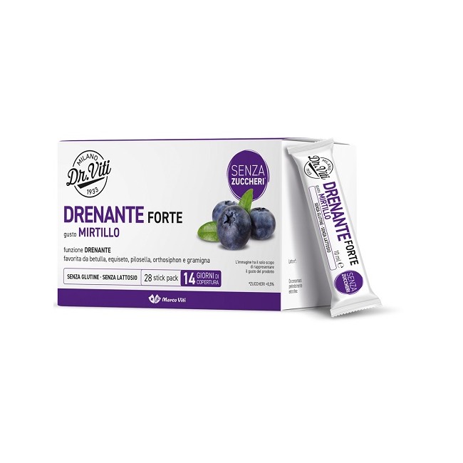 Confezione da 20 stick di Marco Viti Drenante Forte Gusto Mirtillo, integratore per il drenaggio dei liquidi corporei. Confezione da 20 stick di Marco Viti Drenante Forte Gusto Mirtillo, integratore per il drenaggio dei liquidi corporei.