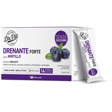 Confezione da 20 stick di Marco Viti Drenante Forte Gusto Mirtillo, integratore per il drenaggio dei liquidi corporei.