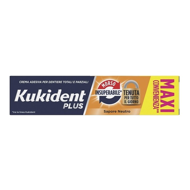 Confezione da 57 grammi di Kukident Plus Doppia Tenuta Morso Insuperabile Pasta Per Dentiera. Confezione da 57 grammi di Kukident Plus Doppia Tenuta Morso Insuperabile Pasta Per Dentiera.