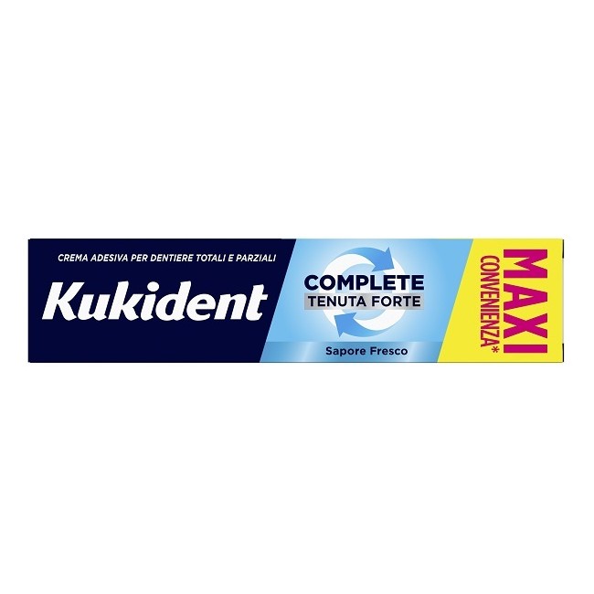 Confezione da 70 grammi di Kukident Complete Fresco Crema Adesiva Per Dentiere Tenuta Super Forte.